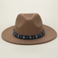 Brown wool fedora hat with turquoise stones and silver studs in bohemian cowboy style - M (56-58cm) / Khaki