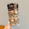 Brown and beige elastic hair tie set with heart and smiley charms in a clear box - 15 Piece Set / Mocha Brown