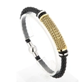 Pulsera de hombre en cuero trenzado negro con cadena dorada y cierre magnético - Dorado