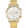 Macro view of gold Geneva quartz watch dial with three-eye design and mesh strap - Gold Case White Dial Gold Mesh Strap