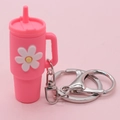 Cute pink silicone tumbler keychain with 3D daisy flower and silver metal lobster clasp - Bright Pink Flower Cup Keychain
