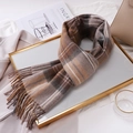 Detailed close-up of wool plaid scarf with tassel trim on an elegant tray - 180cm / Beige Camel Plaid