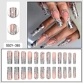 Long nude press-on nails with silver heart patterns and rhinestones, 24-piece full set - Nude Base Silver Pattern French Rhinestone Style (SGCY-385)