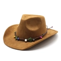 Brown faux suede cowboy hat with colorful beaded ethnic band and stone accents - Suede / Khaki
