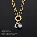 Elegant stainless steel paperclip necklace with letter C charm and purple rhinestone in gold - Lowercase c / Gold