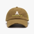 Khaki cotton baseball cap with white A patch embroidery and distressed brim details - Adjustable / Camel