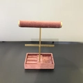 Three-tier jewelry display stand in rose pink velvet with matte gold metal frame - Multi-function Stand with Square Box (Mauve)