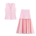 Pink V-neck knit vest with gold buttons and matching pleated skirt two-piece set - S / Pink Set