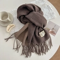 Brown two-tone faux cashmere scarf with tassels on a white table with coffee props - 200cm / Mottled Coffee