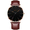 Men's ultra-thin quartz watch with brown leather strap, rose gold case, and black dial - Leather Strap Brown Band Rose Gold Case Hands