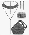 Set gioielli argento con strass, collana con nappe, orecchini, bracciale e borsa da sera - Set Borsa da Sera Stile Dumpling / Nero