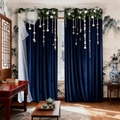 Deep blue velvet blackout curtains with white plush balls and sheer inner layer detail - 142*160CM / Pine Needle Pearl Ornament Style