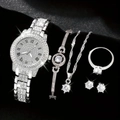 Elegant 5-piece silver women watch set with sparkling rhinestones and matching jewelry items - E12 Silver 5-Piece Set (Watch+Bracelet+Necklace+Ring+Earrings)