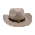 Chapeau de cowboy en paille beige clair avec bande vintage et emblème d'étoile - Taille unique / Gris