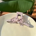 Pink striped fabric hair claw clip with satin bow and pearl detail on a ceramic dish - Bow Ribbon Hair Claw / Pink Stripe
