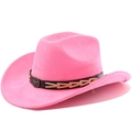 Detailed close-up of pink suede cowboy hat with brown leather band and bull metal buckle - M (56-58cm) / Magenta