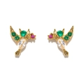 Close-up of golden hummingbird studs with green, pink, and clear cubic zirconia stones - Hummingbird Stud Earrings / Gold
