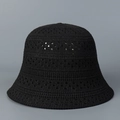 Detailed view of the hollow crochet knit pattern on a black sun bucket hat for women - M (56-58cm) / Black