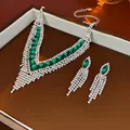 Luxury green marquise gemstone necklace and tassel earrings set in silver finish - Green Gemstone Set (Necklace + Earrings) / Silver & Green
