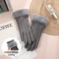 Gants d'hiver gris foncé pour femme avec doublure en lapin et bordure en fausse fourrure - Taille unique / Bordure Fausse Fourrure Trois-Lignes Gris (Doublé Peluche)