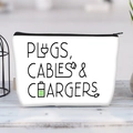 White canvas zipper pouch for plugs cables and chargers on a light wooden background - Digital Accessories Plugs(jiayingljb28)