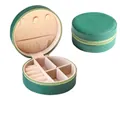 Portable round dark green PU leather jewelry box with necklace hooks and ring slots - Cross-grain / Dark Green
