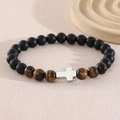 Bracciale con perle nere opache, pietre occhio di tigre marroni e croce d'argento - Perle da 8mm (NAM04-5) / Nero Opaco/Occhio di Tigre Giallo