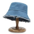 Light blue denim bucket hat with fringe raw edges and vintage washed finish style - Washed Frayed Edge Light Blue