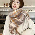 Thick plaid scarf in brown, beige, and orange with soft tassel trim for women - 68*176cm / Purple Beige
