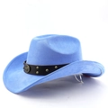 Détail du chapeau de cowboy bleu en feutre avec bandeau en cuir et emblème de taureau - M (56-58cm) / Bleu ciel profond