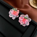 Elegant floral resin earrings featuring pink blossoms and green leaves on silver needles - 46# Pink Encapsulated 3D Flower (925 Sterling Silver Earring Post)