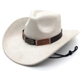 Close-up of beige cowboy hat with leather band, bull head ornament and windproof rope - M (56-58cm) / Beige