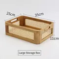 Large vintage rattan storage basket with solid wood frame and integrated handles - Large Round Brown Low Style