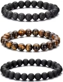 Three-piece set of natural stone bracelets with black lava, tiger eye, and matte onyx beads - Tiger Eye & Matte Onyx & Lava Stone 3pcs Set