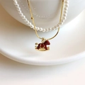 Double Layer Set (Gold Plated) Gold Necklace-White Pearl-Red Rocking Horse Pendant