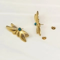Detail of gold butterfly wing earrings featuring an inlaid blue gemstone centerpiece - Gold-Cicada Wing Style (TE-15034)