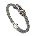 Braided grey leather dragon head bracelet with silver magnetic closure on white backdrop - Magnetic Clasp Style (Grey)
