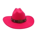 Hot pink wide brim felt cowboy hat featuring a leather belt and turquoise bull skull buckle - One Size / Rose Red