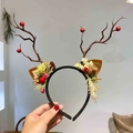 Serre-tête bois de renne marron avec baies rouges et feuillage vert pour Noël - Serre-tête Branche De Noël-Pomme De Pin