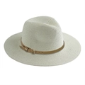 Détail du tressage en paille de papier avec ceinture en cuir marron et boucle dorée - Taille Unique(58cm) / Blanc Cassé