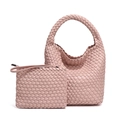 Dusty rose hand-woven tote bag and matching small pouch 2-piece set in leather - Light Pink