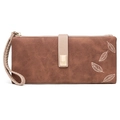 Portafoglio lungo vintage marrone da donna con ricamo a foglia e cinturino a mano - Marrone