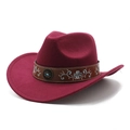 Detailed macro view of the burgundy felt cowboy hat with embroidered ethnic pattern band - M (56-58cm) / Burgundy