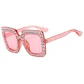 Pink oversized square rhinestone sunglasses with sparkling crystal frame and light pink lenses - Light Pink Frame Pink Lens