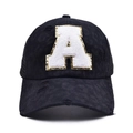 Close-up of vintage distressed black baseball cap with sequined letter A and mesh back - Letter A Style (A-漏洞马尾棒球帽)