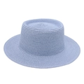 Close-up of light blue woven straw boater hat with fine texture and classic flat brim - One Size / Sky Blue