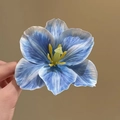 Elegant gradient blue and white mesh flower hair clip with realistic yellow stamen detail - Blue Narcissus