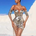Sparkling silver off-shoulder sequin evening dress with sheer mesh and bodycon fit - S / Silver