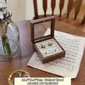 Square walnut wood jewelry box with glass lid and beige velvet ring slots 10.5cm - Walnut Transparent Glass Linen Ring Box