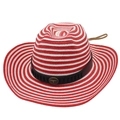 Detail of red and white striped straw cowboy hat with leather band and metal bull logo - One Size Straw Hat (Horizontal Stripe) / Red White with Windproof Rope (Black Small Bull)